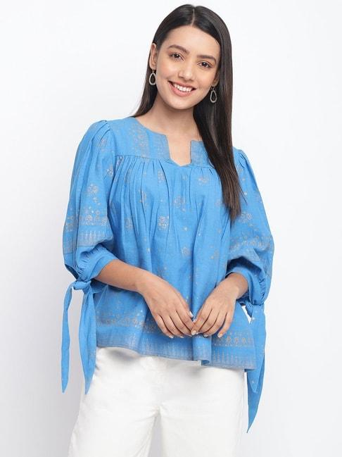 fabindia-blue-cotton-linen-printed-top