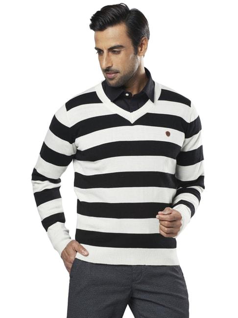 Raymond Black & White  Regular Fit Striped Sweaters