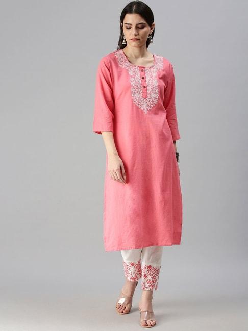 SHOWOFF Pink Embroidered Straight Calf Length Kurta With Pants