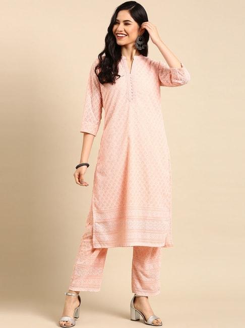 SHOWOFF Peach Embroidered Straight Calf Length Kurta With Pants