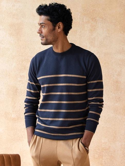 Andamen Navy Cotton Regular Fit Striped Sweater