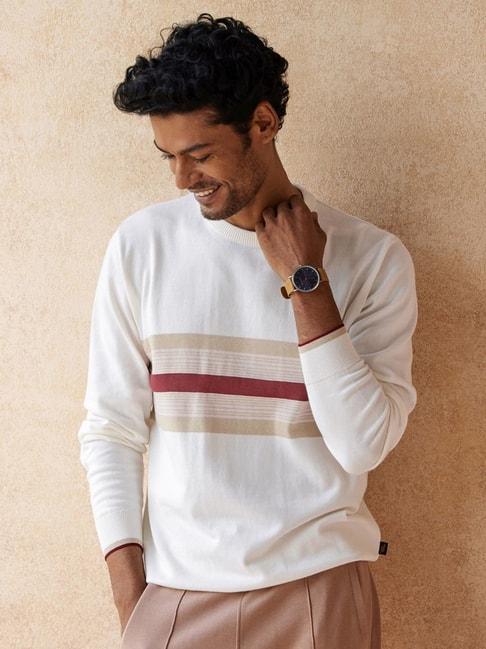 Andamen White Cotton Regular Fit Striped Sweater