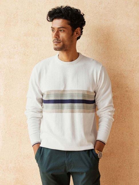 andamen-white-cotton-regular-fit-striped-sweater