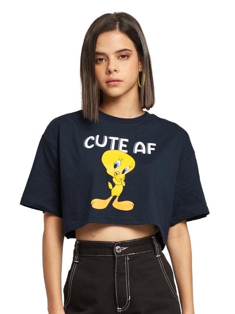 the-souled-store-navy-cotton-tweety-print-oversized-crop-t-shirt