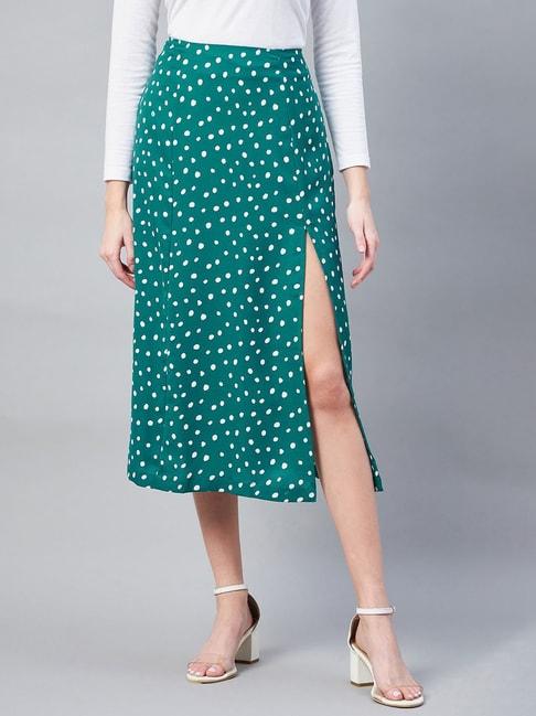 StyleStone Green Print A-Line Midi Slit Skirt