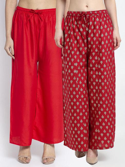 Gracit Maroon & Red Printed Palazzos - Pack Of 2