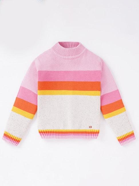Ed-a-Mamma Kids Pink & Orange Cotton Color Block Full Sleeves Sweater