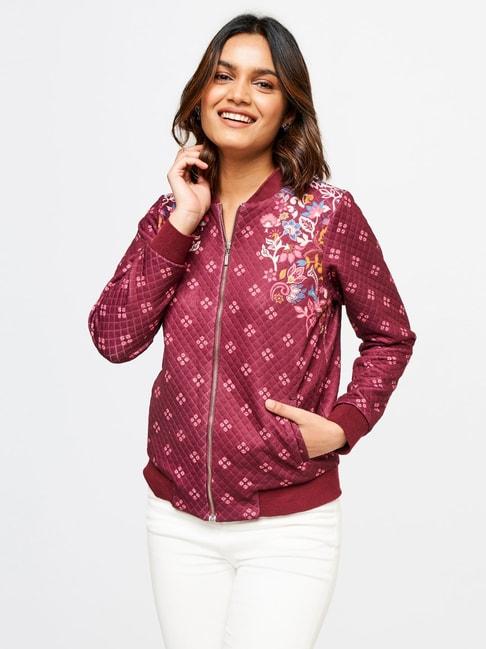 Global Desi Maroon Floral Print Jacket
