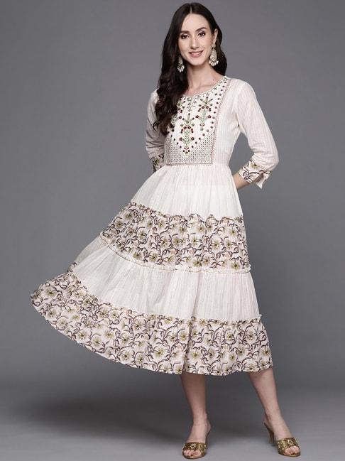 Indo Era Off-White Cotton Embroidered A-Line Dress