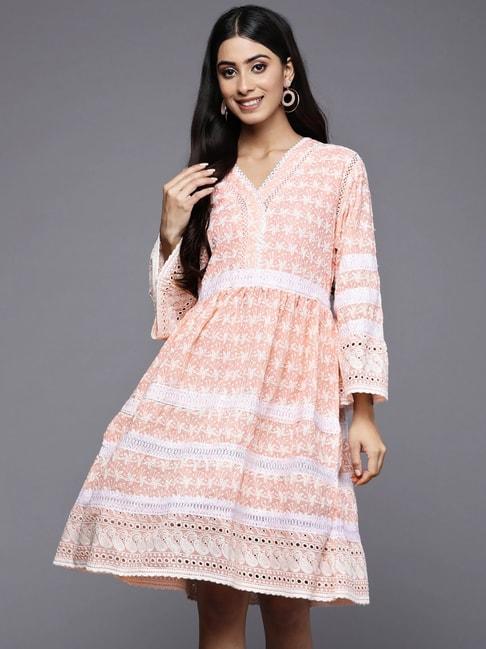 Indo Era Peach Cotton Embroidered A-Line Dress