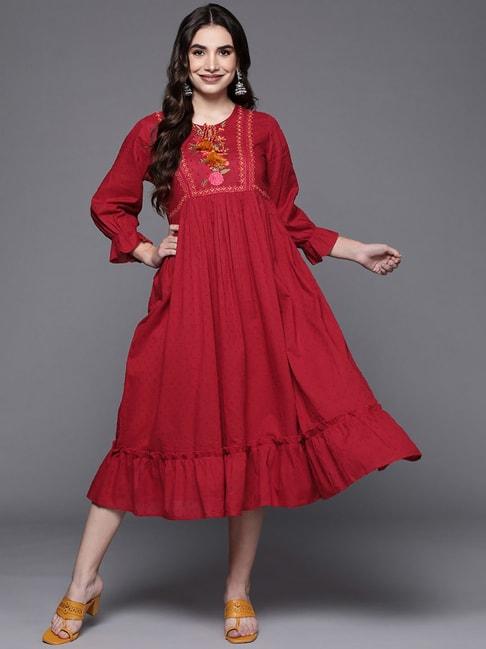 Indo Era Red Cotton Embroidered A-Line Dress