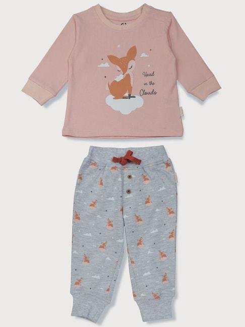 GJ baby Kids Peach & Grey Cotton Graphic Full Sleeves T-Shirt Set