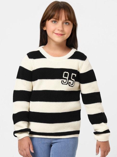 KIDS ONLY White & Black Striped Full Sleeves Sweater