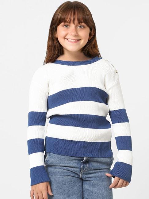 KIDS ONLY White & Blue Cotton Striped Full Sleeves Sweater
