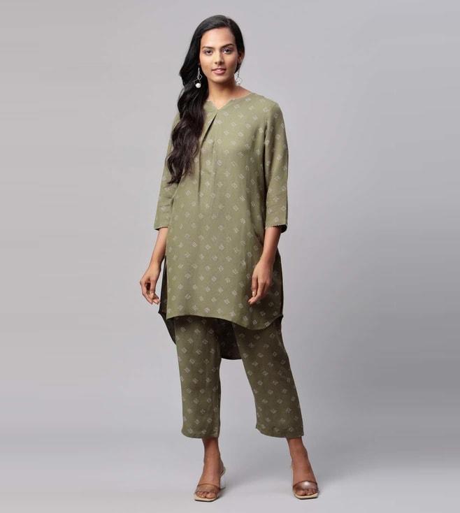 Linen Club Olive Printed Tunic