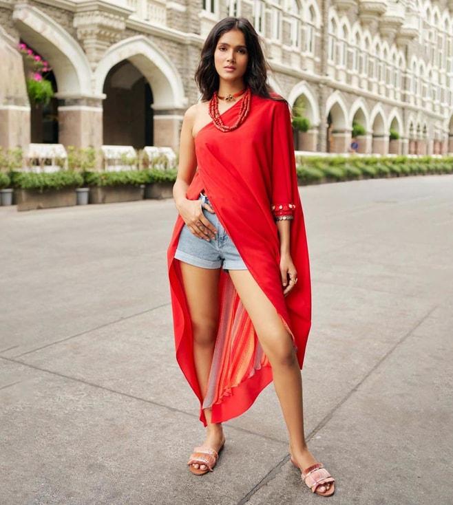 Style Junkiie Red One Shoulder Tunic