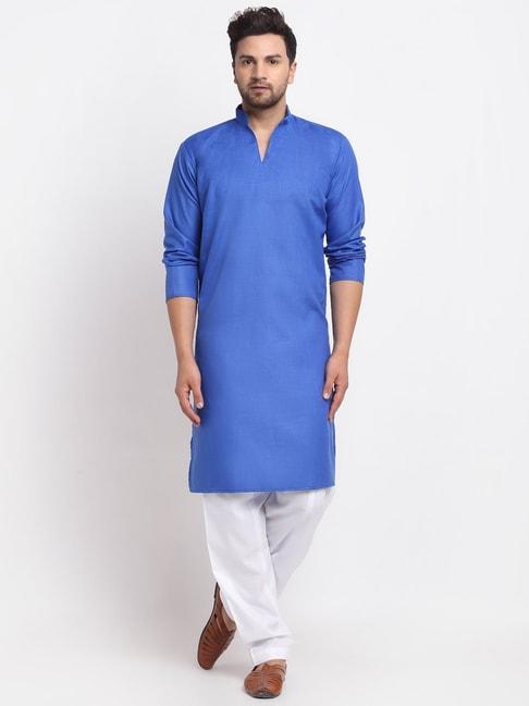 benstoke-royal-blue-&-white-cotton-regular-fit-kurta-set