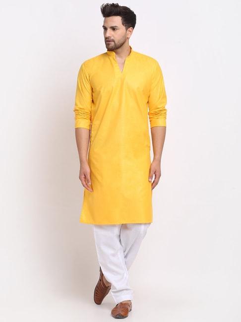 benstoke-yellow-&-white-cotton-regular-fit-kurta-set