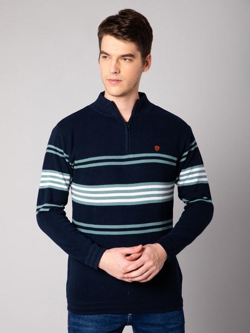 Cantabil Navy Blue Regular Fit Striped Sweater