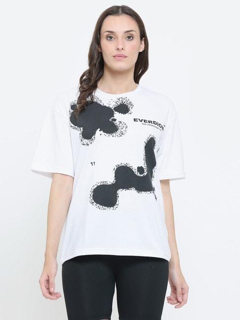 EVERDION White Cotton Printed Drop Shoulder Oversized T-Shirt