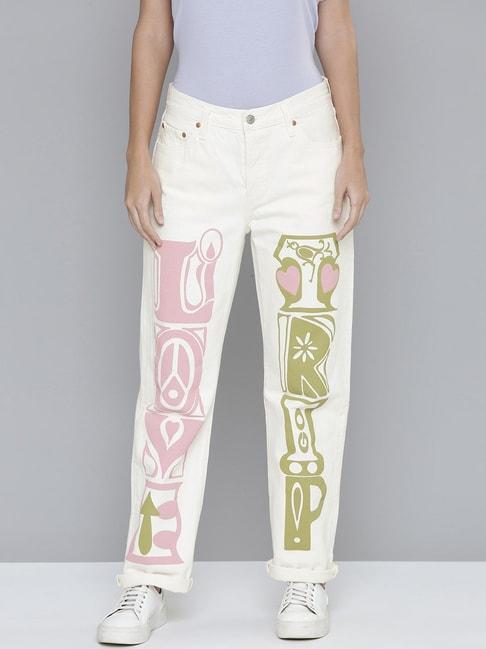 Levi's 501 White Cotton Graphic Straight Fit High Rise Jeans