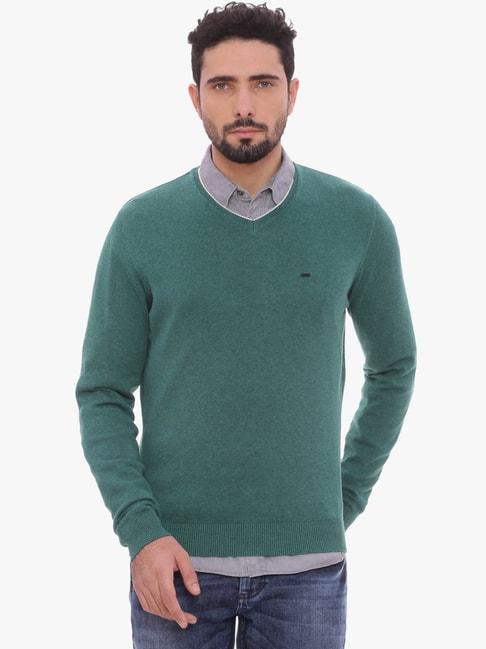 Basics Green Slim Fit Printed Sweater