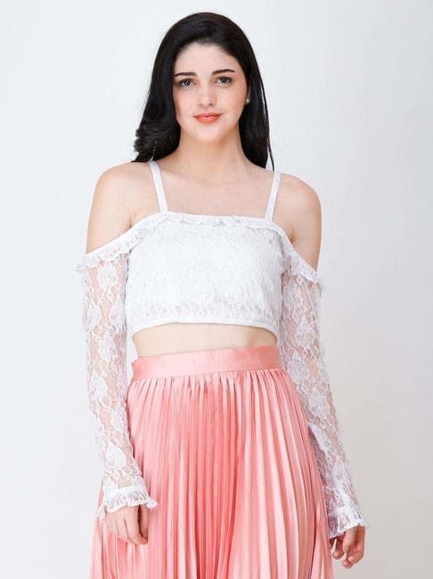 Cation White Self Pattern Crop Top