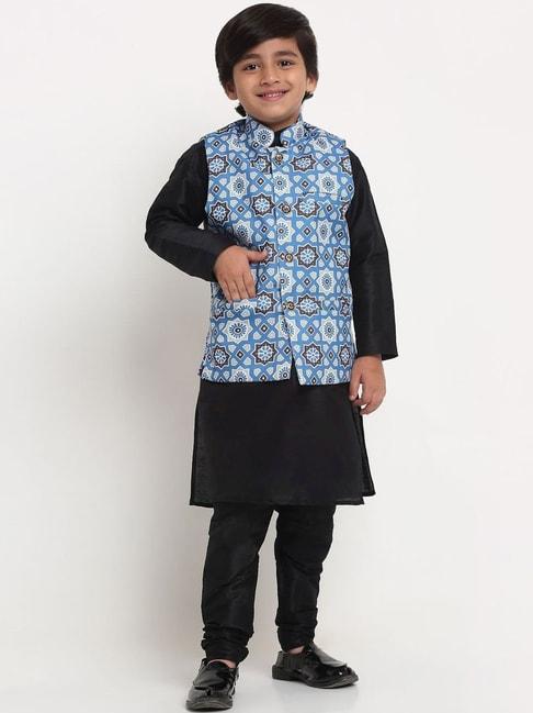 benstoke-kids-black-&-indigo-blue-printed-full-sleeves-kurta-set