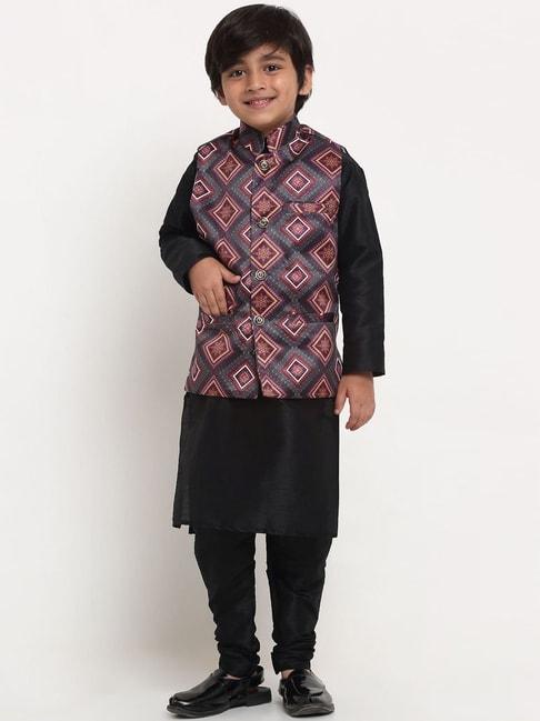 Benstoke Kids Black & Charcoal Grey Printed Full Sleeves Kurta Set