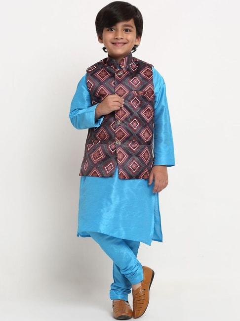 benstoke-kids-blue-&-charcoal-grey-printed-full-sleeves-kurta-set