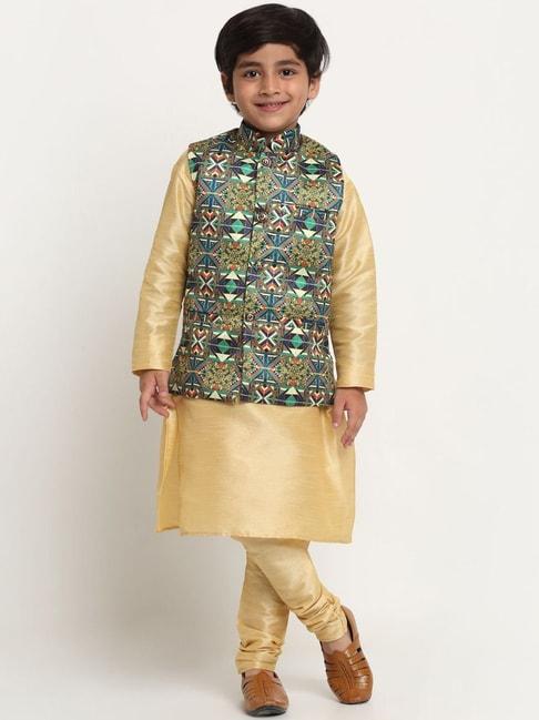 benstoke-kids-gold-&-green-printed-full-sleeves-kurta-set