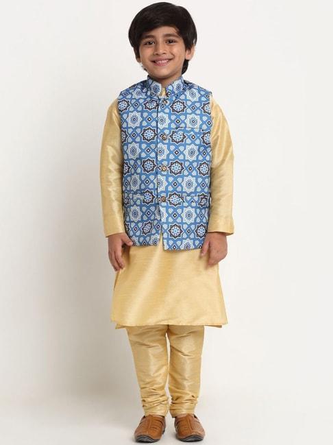 benstoke-kids-gold-&-indigo-blue-printed-full-sleeves-kurta-set