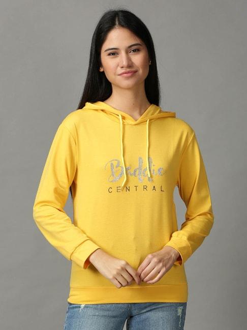 SHOWOFF Yellow Cotton Embellished Hoodie