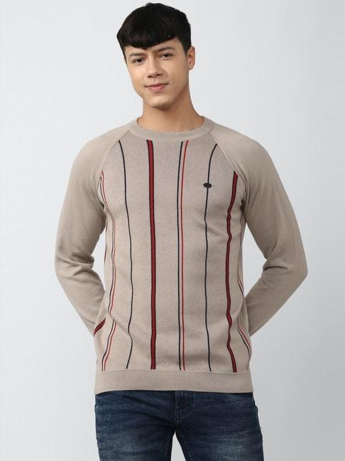 Peter England Casuals Beige Regular Fit Striped Sweater