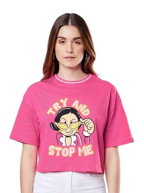The Souled Store Pink Popeye-Try-And-Stop-Me Printed Oversized Crop Top
