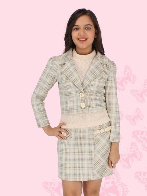 Cutecumber Cream & Blue Checks Full Sleeves Coat with Skirt