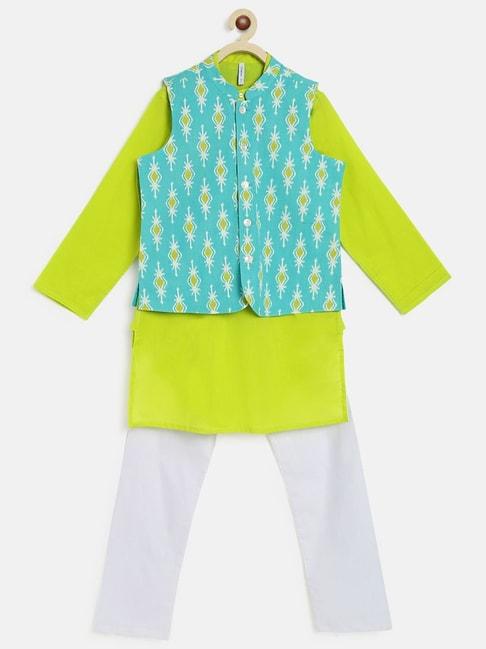 Campana Kids Lime Green & Turquoise Blue Cotton Printed Full Sleeves Kurta Set