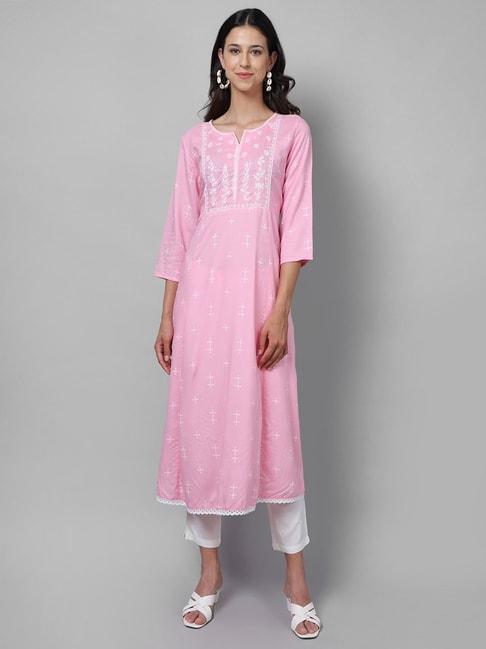 Cantabil Pink Cotton Embroidered Kurta With Pants