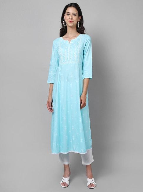 Cantabil Turquoise & White Cotton Embroidered Kurta With Pants
