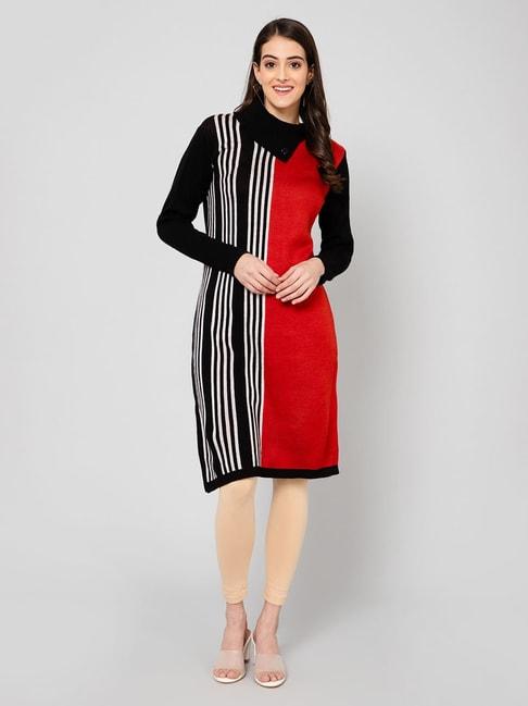 Crozo By Cantabil Black & Red Wool Striped A Line Kurta