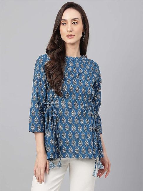 Janasya Teal Blue Cotton Floral Print Tunic