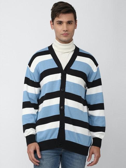 Forever 21 Blue & Black Cotton Regular Fit Striped Cardigan