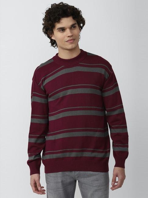 Forever 21 Maroon & Grey Cotton Regular Fit Striped Sweater