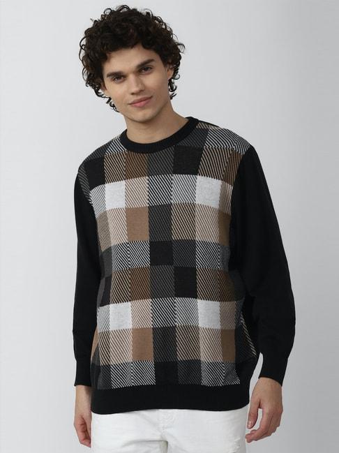 Forever 21 Black & Brown Cotton Regular Fit Checks Sweater