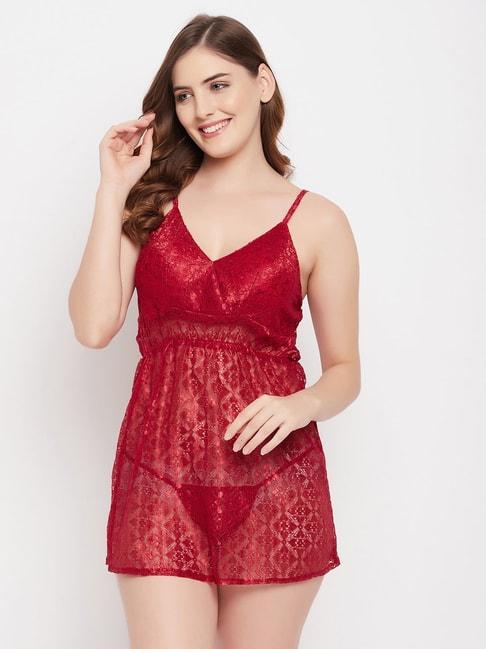 Clovia Red Lace Babydoll With Thong