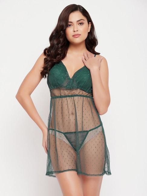 Clovia Green Lace Babydoll With Thong