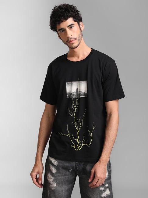 kazo-black-regular-fit-printed-unisex-crew-t-shirt