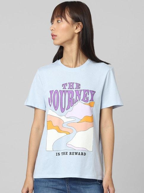 Only Sky Blue Cotton Printed T-Shirt