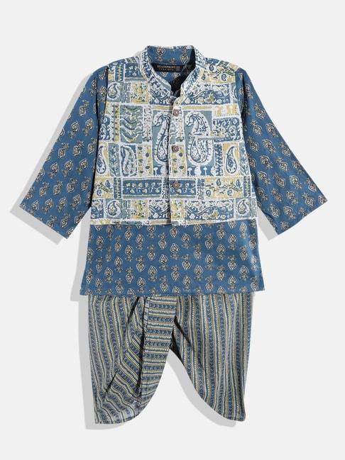 READIPRINT FASHIONS Kids Blue Printed Full Sleeves Kurta, Pyjamas with Nehru Jacket