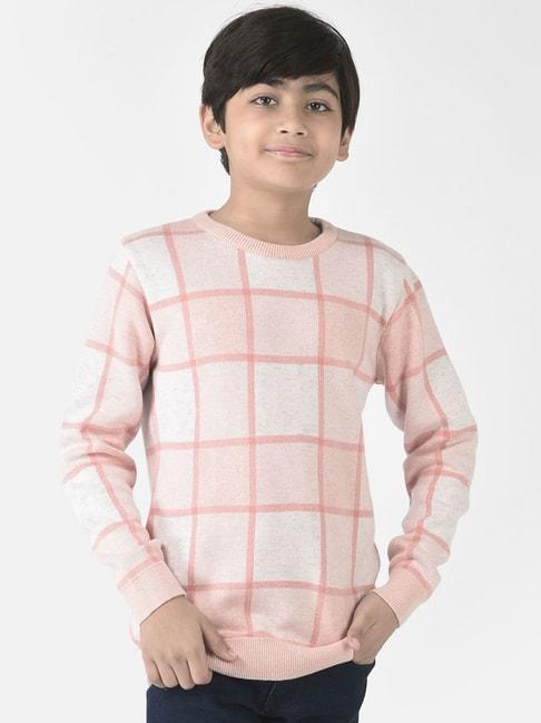Crimsoune Club Kids Pink & White Cotton Chequered Full Sleeves Sweater